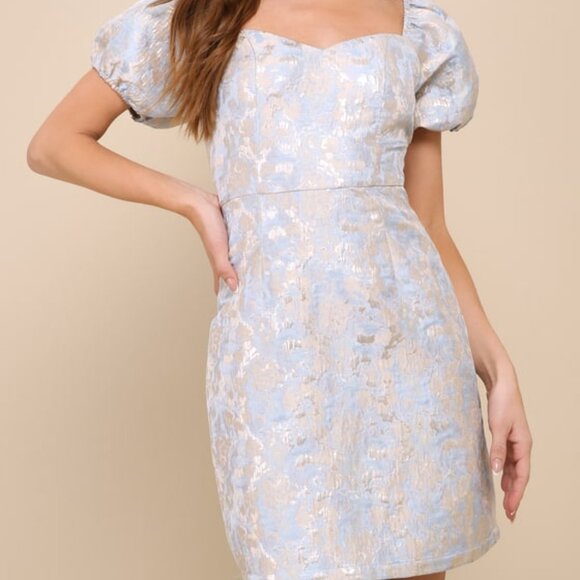 Lulus Cutest Praise Light Blue Floral Jacquard Puff Sleeve Mini Dress - Size L - Picture 1 of 3